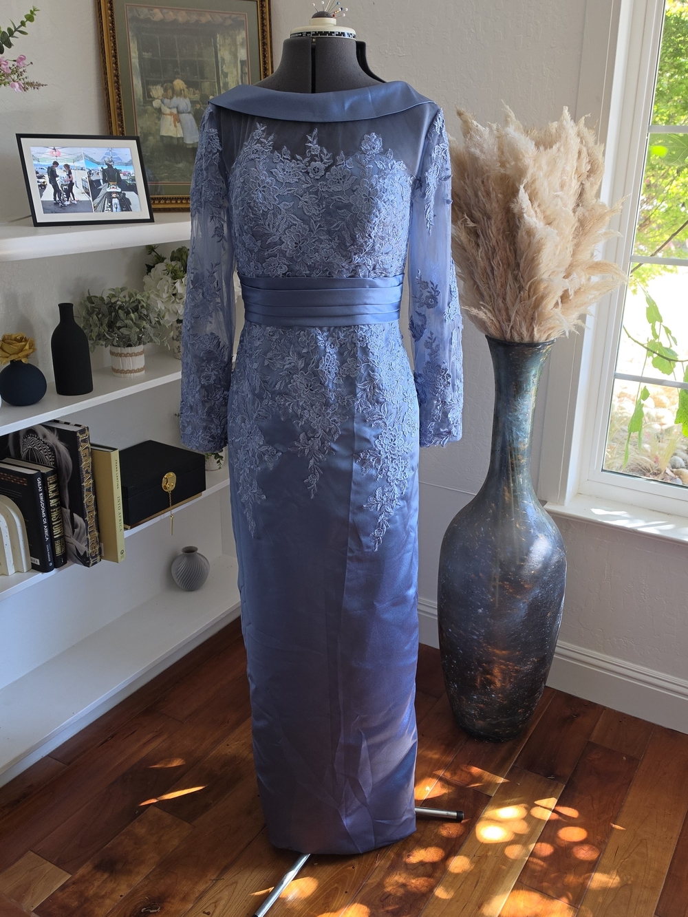 Lace-Embellished Long Sleeve Evening Gown in Periwinkle